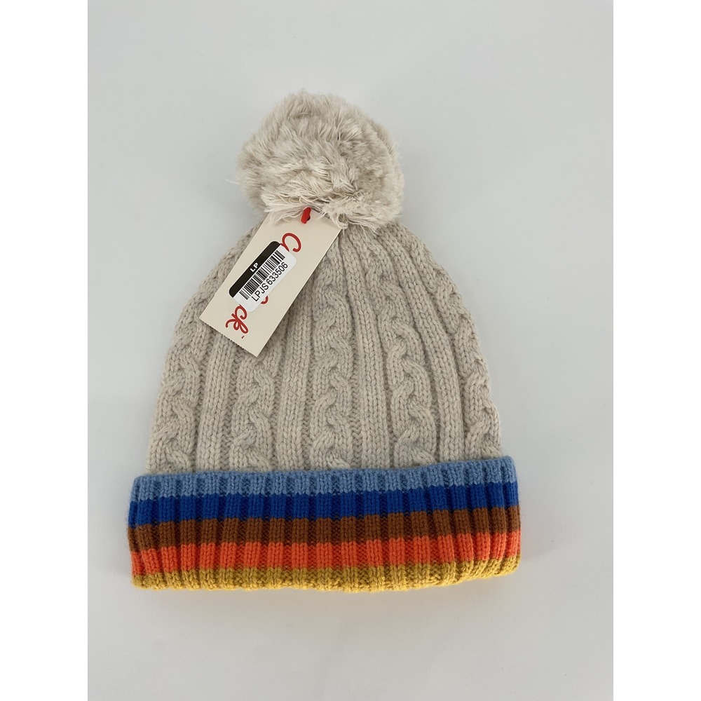 Cat & Jack Toddler Beanie Boys Girls Cable Knit Pom Hat Beige Striped 2T-5T NEW